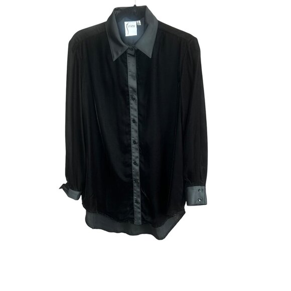 Finley Black Velvet Satin Tier Collar Cuffs and Front Placket Blouse Size Medium - Picture 1 of 10